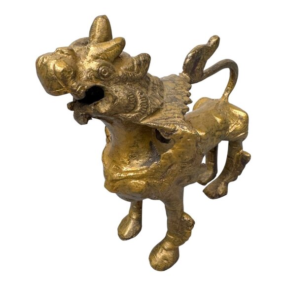Vtg Brass Feng Shui Dragon Figurine Buddhist Foo Dog Snow Lion Incense Burner - Picture 2 of 9